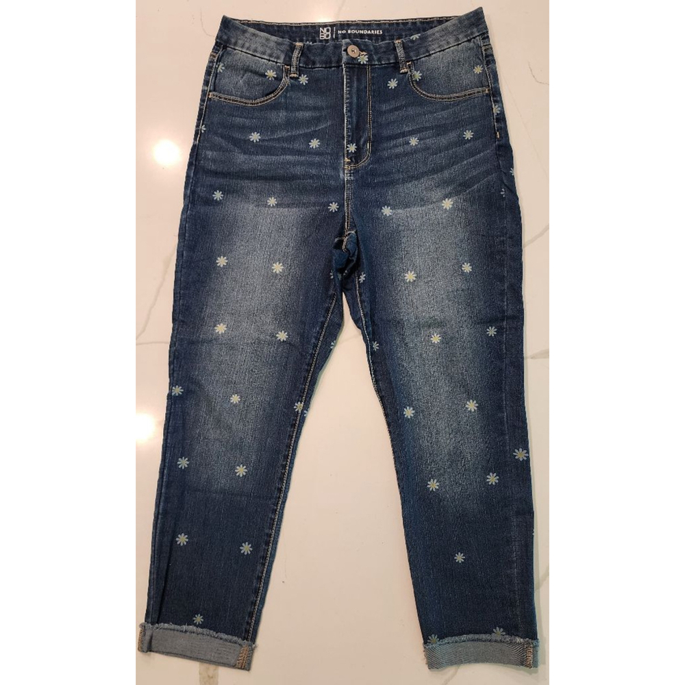 No Boundaries Dark Blue Denim Jeans with White Daisy Embroidery